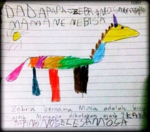 Moza si Zebra yang Terperangkap dalam Mesin Es Krim, karya Naya. Pensil Warna di Atas Kertas.